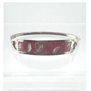 Vintage Mexican Alpaca Silver Pink Abalone Red Enamel Bangle
